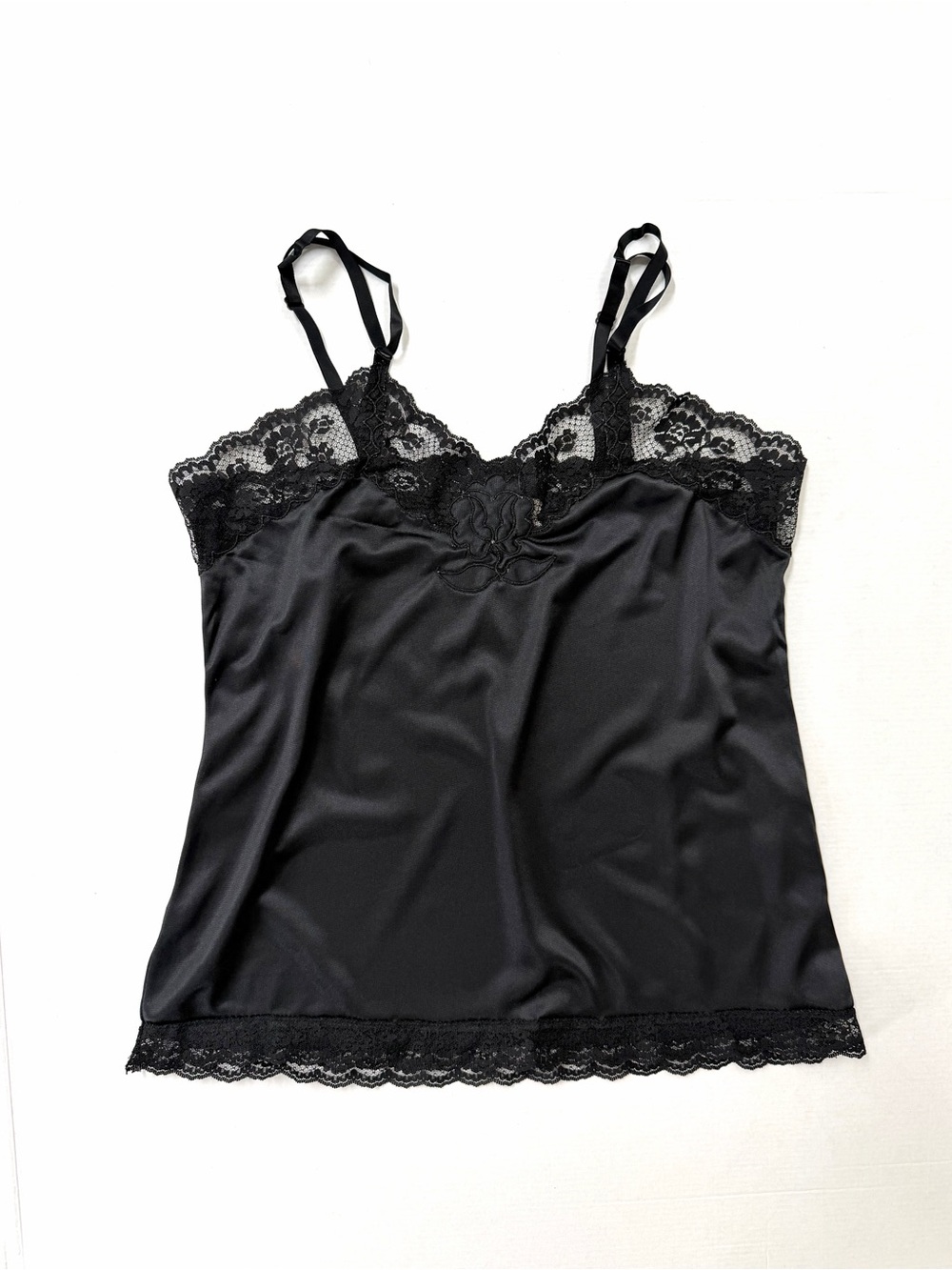 Vintage 80’s Black Lace Trim Satin Camisole - Whimsigoth Dark Coquette Tank S